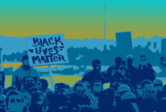 graphic in UCSD blue, teal, and gold tones featuring a wideshot of a Black Lives Matter protest outside with a seascape background